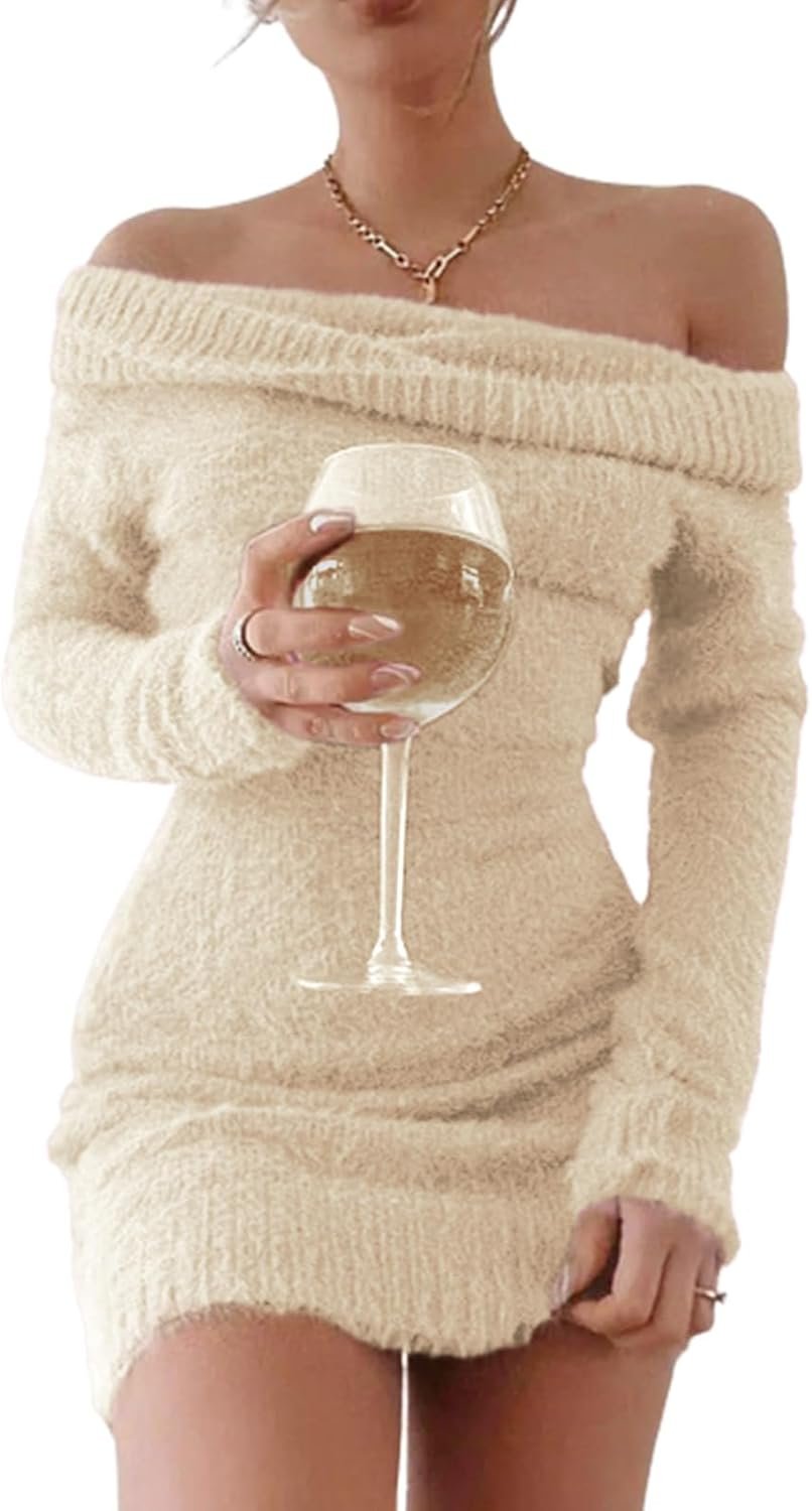FAIRY SEASON Women's 2025 Off The Shoulder Sweater Mini Dress Long Sleeve Ribbed Bodycon Pullover Cute Short Dresses
