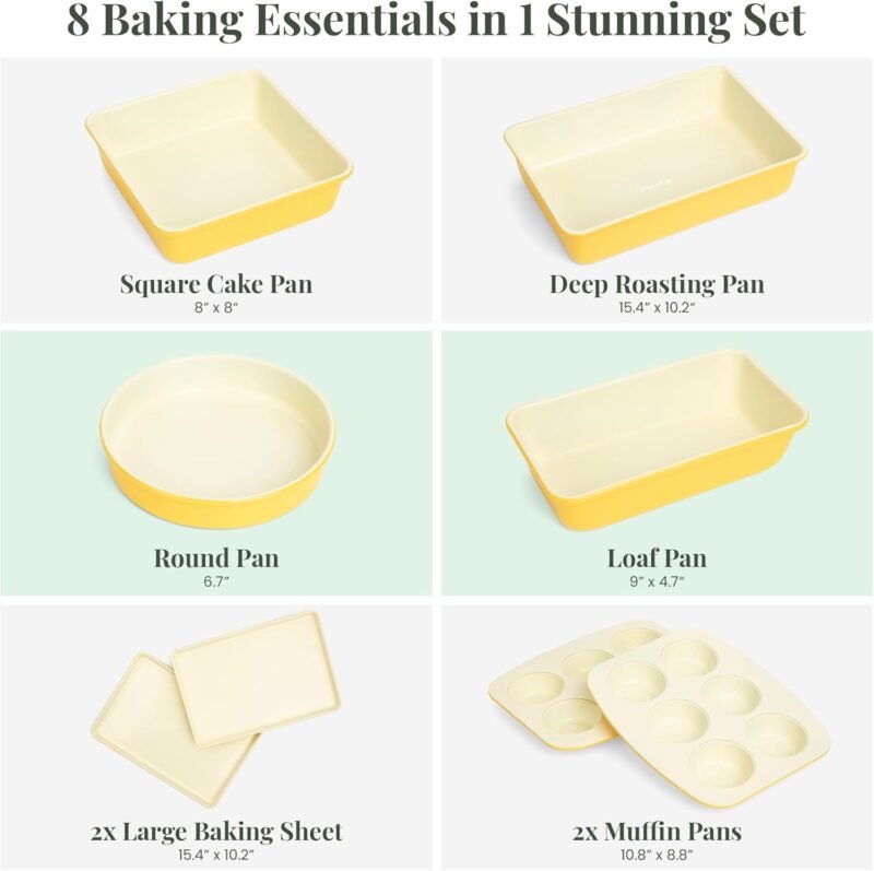 Larder & Vine 8-Piece Bakeware Set | Non-Stick Baking Set with Ceramic Finish | PFAS, PFOA, PTFE, and BPA Free Baking Essentials | Baking Sheets, Muffin Tins and Assorted Baking Pans | Limoncello - Image 2