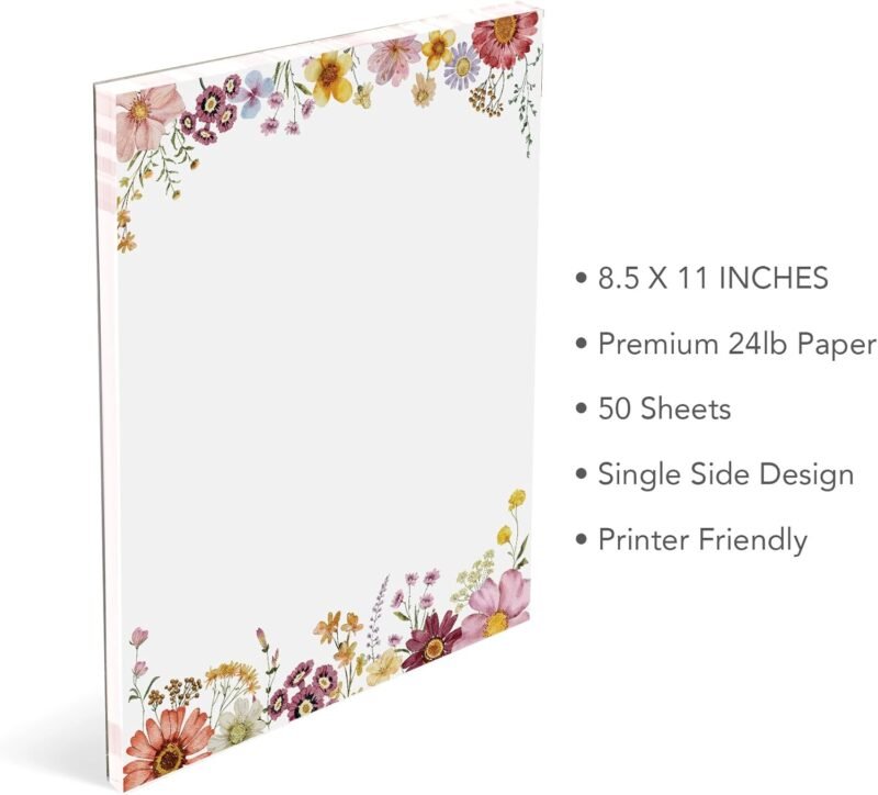 Flower Paper Stationery, Floral Letterhead Paper 8.5 x 11 Inches, 50 Sheets, Elegant Writing Paper, Pretty Stationary Paper, Decorative Printer Papr, Spring Wildflower Letter Paper Set - Image 2