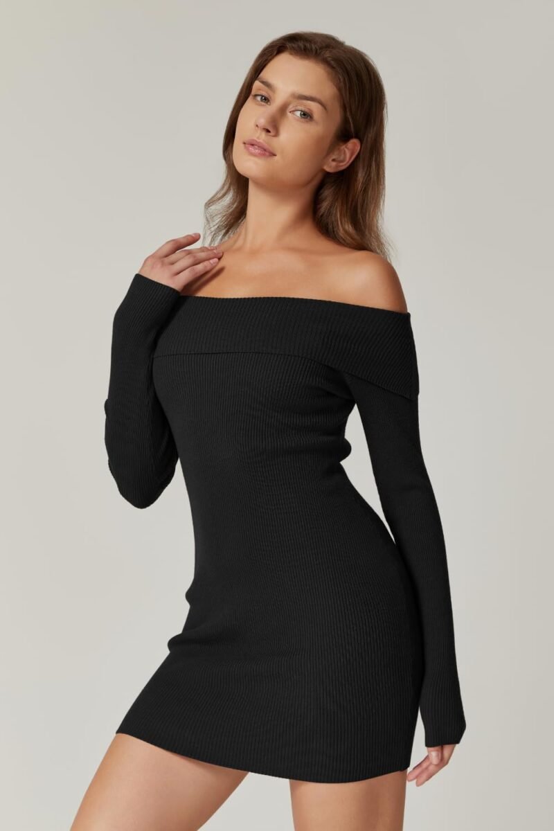 QINSEN Women's Off The Shoulder Ribbed Knit Sweater Dress Folded Neck Long Sleeve Mini Dress 2024 Trendy Fall Outfits - Image 5