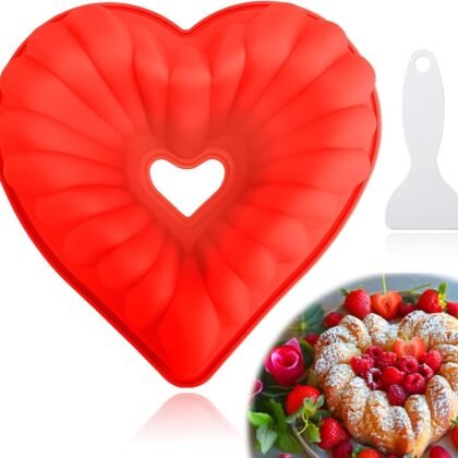 Mity rain Heart Shaped Cake Fluted Pans, Silicone 8 Inch Cake Pan Nonstick, Heart Cake Molds for Valentine'S Day, Baker Kitchen Baking Accessories (1pc, Red)