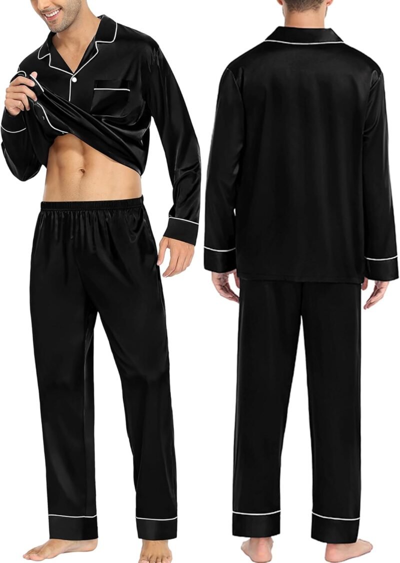 SWOMOG Couples Matching Pajamas Sets Women & Men Silk Satin Long Sleeve Button Down Sleepwear 2 Pcs Classic Loungewear - Image 2