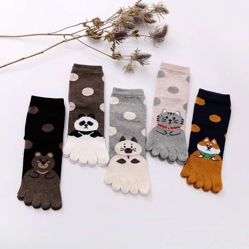 ZAKASA Womens Toe Socks Funny Cat Dog Print Cotton Five Finger Socks Novelty Athletic Running Crew Ankle Socks Size 6-9 - Image 2