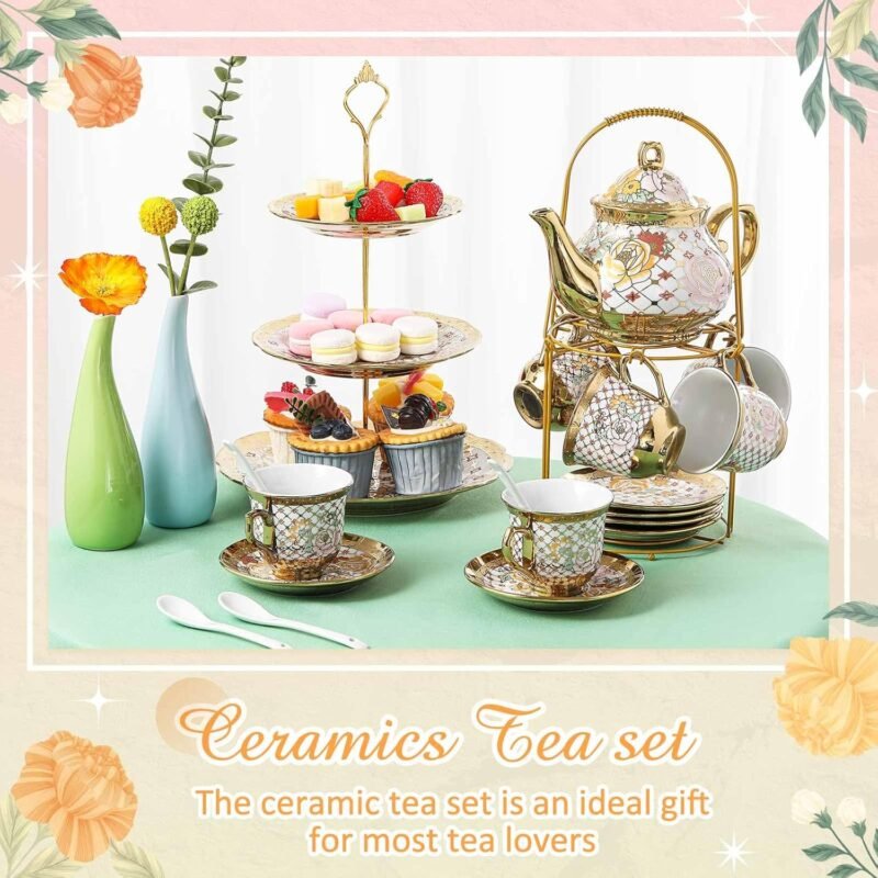 Maxcheck 21 Pcs Tea Party Set for Adults European Floral Tea Set with Metal Holder and 3 Tier Ceramic Cake Stand Porcelain Flower Cup Teapot for Dessert Cupcake(Stylish Style) - Image 4