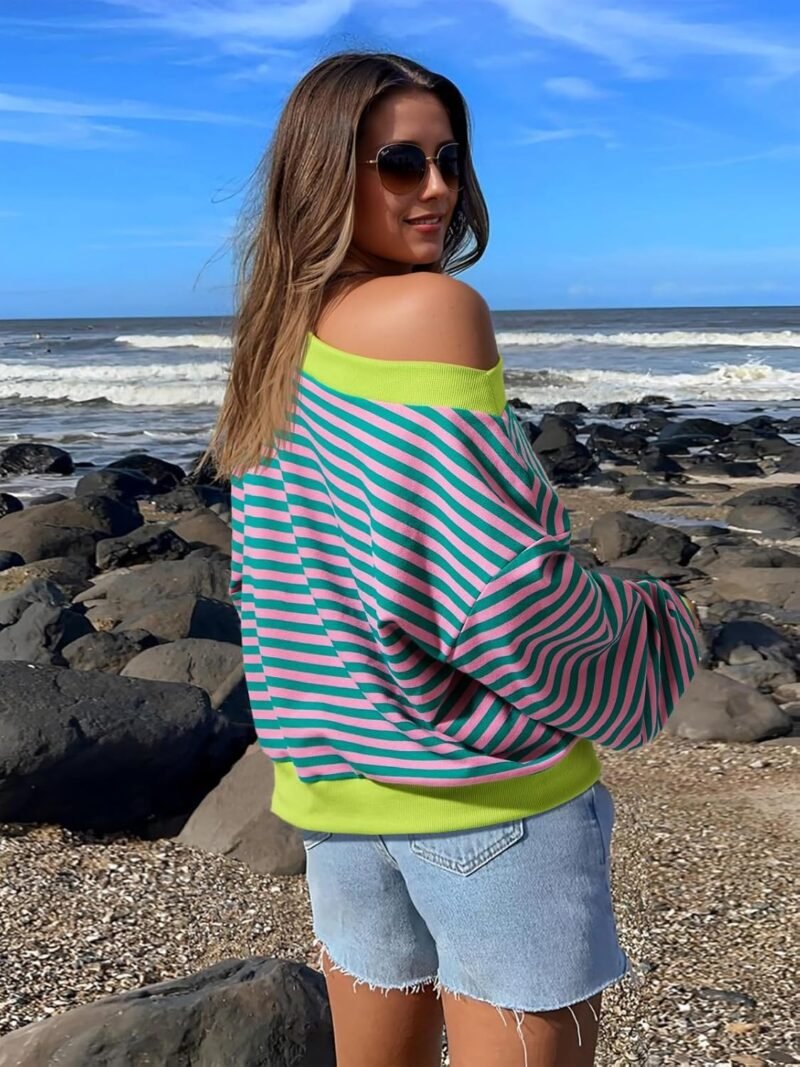 FAIRY SEASON Women's Off The Shoulder Sweatshirts Y2k Color Block Striped Long Sleeve Shirt Cropped Crewneck Pullover Tops - Image 2