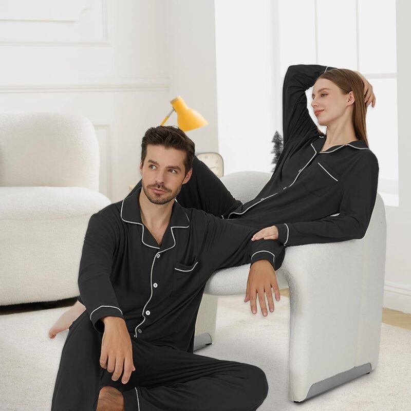 PGJJZ Matching Pajamas for Couples, Button Up Pjs Set for Men and Women Soft Warm Loungewear - Image 3