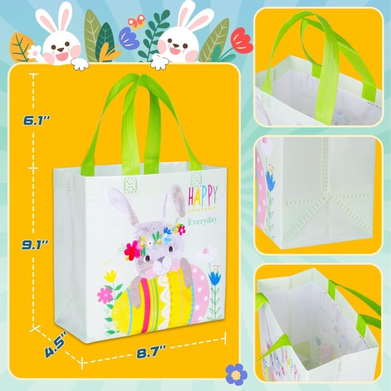 Happy Easter Egg Hunt Bags Bunny Carrot Chick Gift Bags with Handles, Treat Bags, Reusable Non-Woven Easter Bags for Gifts Wrapping, Party Supplies, Easter Basket Container, 9.1×8.7×4.5inch, 6-Piece - Image 4