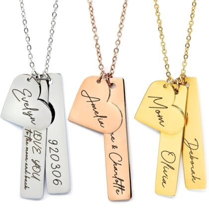 Custom Name Necklace Personalized Engraved Gold Bar Necklace, Kids’ Names, Heart Charm, Mother's Day Gift for Mom, Unique Birthday Jewelry for Women - H8N