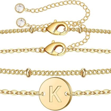 MONOZO Gold Initial Bracelets for Women, Dainty 14K Gold Filled Layered Beaded Letter Initial Bracelet Personalized 26 Alphabet Disc Monogram Charm Bracelet Jewelry Gifts for Her