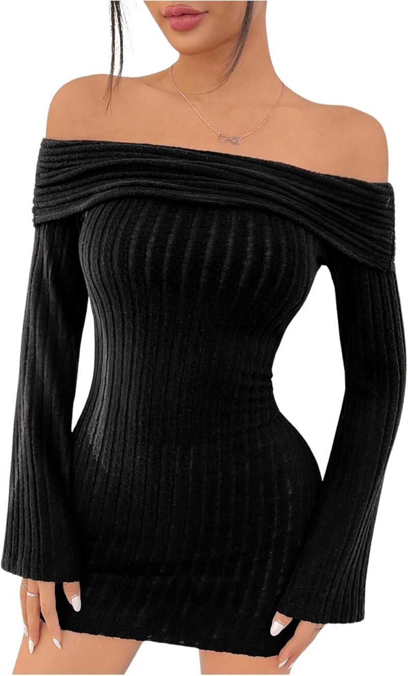 MakeMeChic Women's Off The Shoulder Bell Sleeve Sweater Dress Rib Knit Ruched Bodycon Mini Dresses