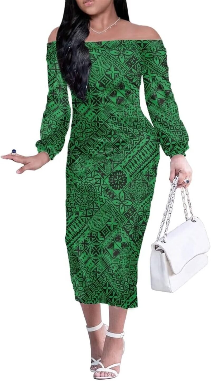 Tribal Polynesian American Samoa Print Off Shoulder Dress Match Men Shirts Party Club Couple Set 2Pcs Outfits - Image 2