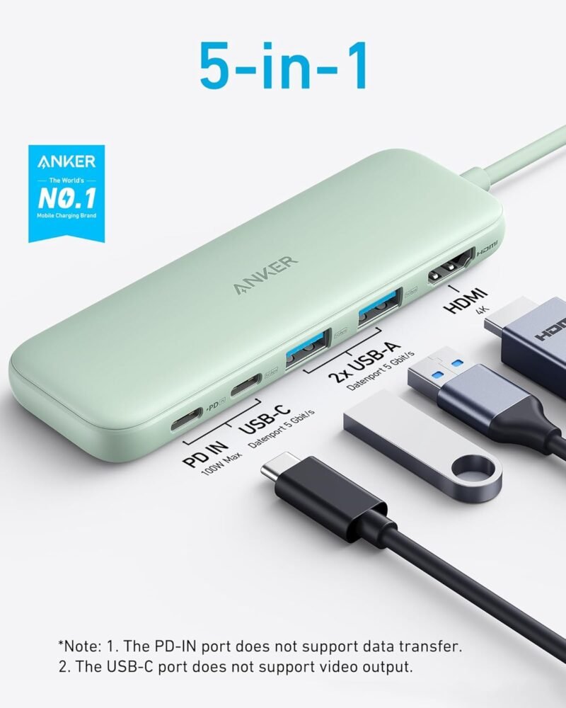Anker 332 USB-C Hub (5-in-1) with 4K HDMI Display, 5Gbps USB-C Data Port and 2 5Gbps USB-A Data Ports and for MacBook Pro, MacBook Air, Dell XPS, Lenovo Thinkpad, HP Laptops and More(Green) - Image 2