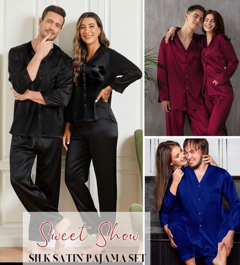SWOMOG Family Matching Pajamas Sets for Women & Men Couples 2 Pcs Silk Satin Pjs Sets Button-Down Sleepwear Soft Loungewear - Image 6