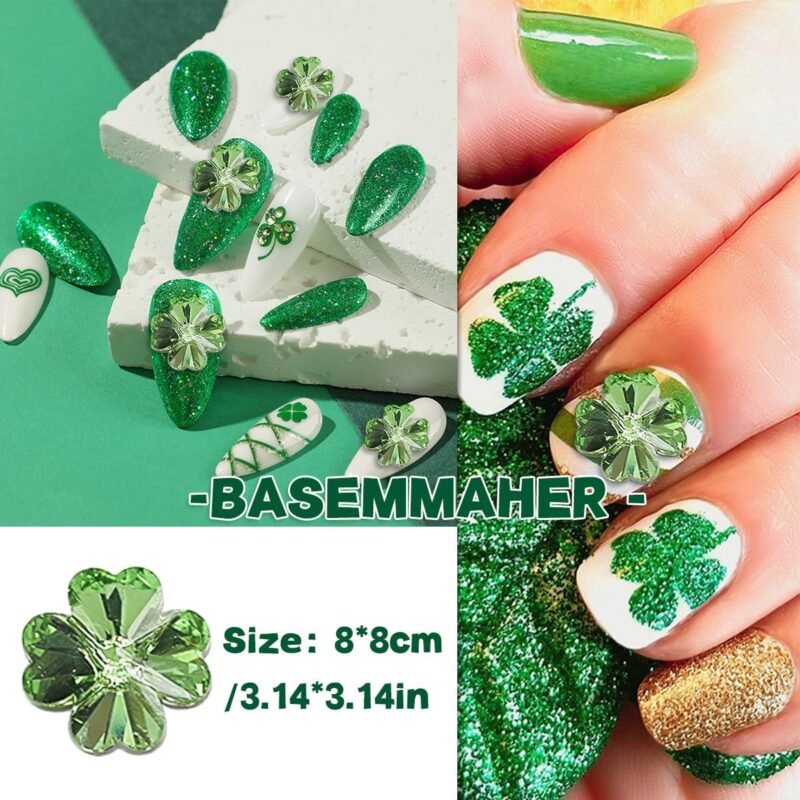 24Pcs Glitter 3D Green Shamrock Nail Charms for St. Patrick's Day Clover Nail Rhinestone Decal Crystal Diamond Alloy Nail Gems Irish Decorations for Women Girls Manicures Eyes Makeup Crafts - Image 2