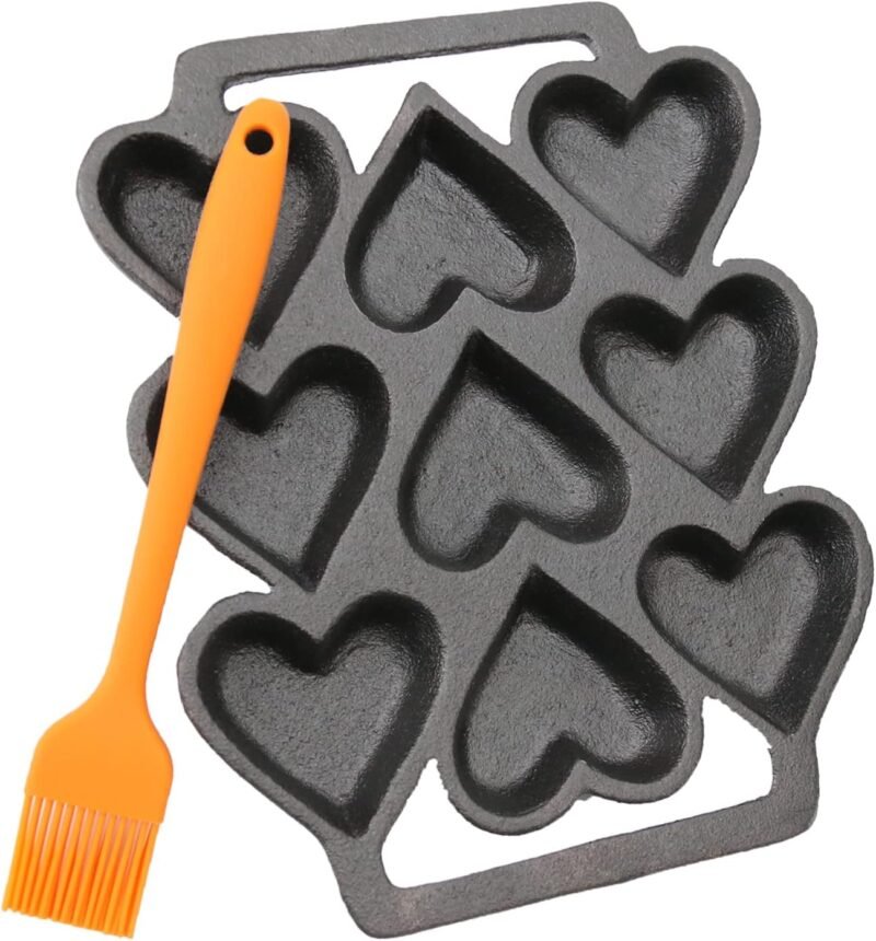 Heart Shaped Cake Pans, Heart Shaped Egg Pan, Fused Glass Heart Molds, 9 Molds Cast Lron,Mini Cake Pan, 1 Baking Tray, 1 Oil Brush(2 Piece Set)
