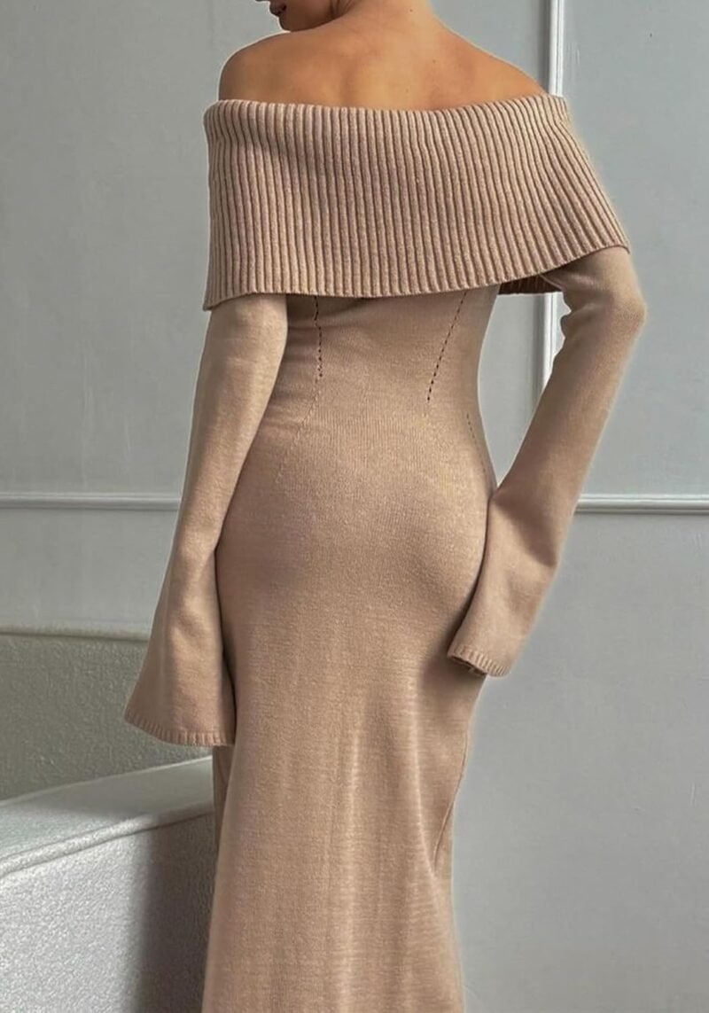 Women's Off The Shoulder Bodycon Sweater Dress Long Sleeve Elegant Ribbed Cocktail Formal Fall Knit Maxi Dress - Image 3