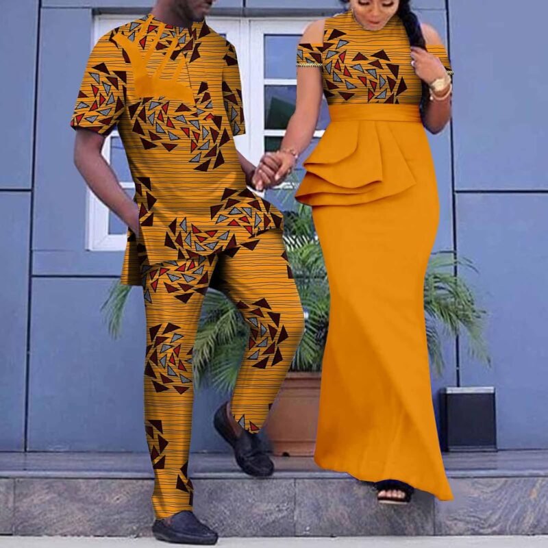 African Print Dresses for Women Match Men Ankara Outfits Top and Pants Sets Bazin Riche African Couple Clothes Party - Image 2