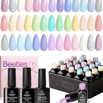 beetles Gel Polish 23Pcs Pastel Nail Set with 3Pcs Glossy & Matte Top Coat and Base Coat, Yellow Purple Pink Blue Bright Macaroon Glitter Uv Nails Paradise Gel Polish Gift for Women & Girls