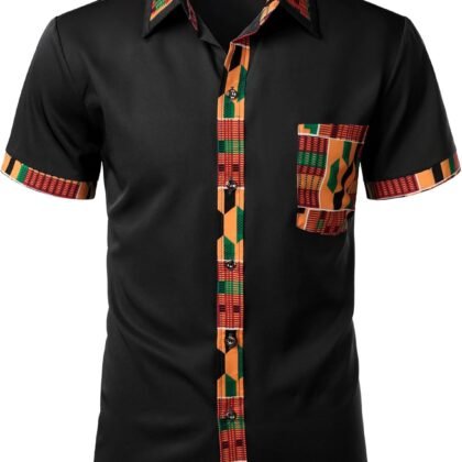 ZEROYAA Men's African Printed Patchwork Design Short Sleeve Button up Shirt