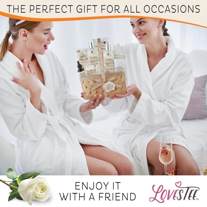 Valentines Day Bath & Body Spa Gift Basket for Women, Best Gift for Mother's Day & Birthday, White Rose Set Body Lotion, Shower Gel, Bubble Bath, Bath Salt, Towel, Soap, Oil, Candle, Gloves, - Image 7