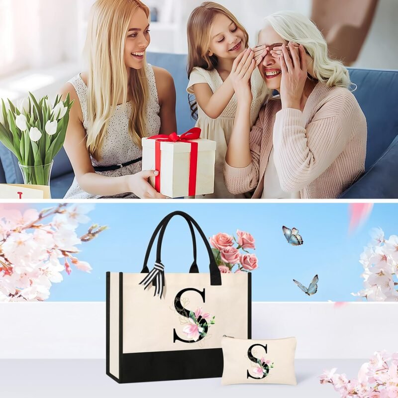 AYGE Personalized Initial Canvas Beach Bag Cosmetic Bags, Monogrammed Gifts for Women, Tote Bag, Makeup Bag, Birthday Gifts for Sister Mom Teacher Bridesmaid (S) - Image 7
