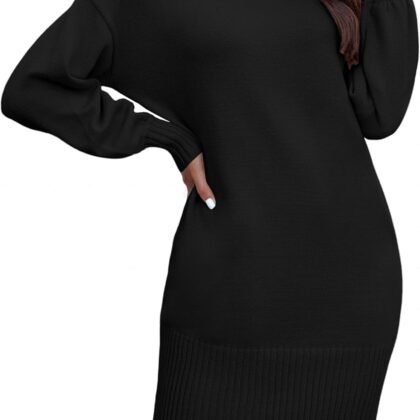 HDLTE Women's Fall Sweaters Dress Oversized Long Lantern Sleeve Casual Baggy Knit Short Dress Pullover 2025 Fall Outfits (Black, M)