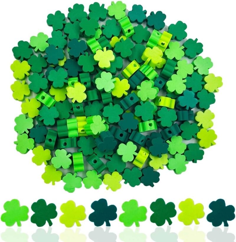 100Pcs St. Patrick's Day Shamrocks Handmade Polymer Clay Beads, Luck Clover Prints Polymer Clay Spacer Beads for Women Jewelry Making DIY Charms Bracelet Necklace Hair Clip Accessories Handmade Craft