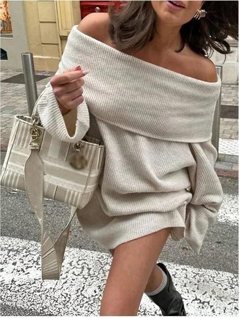 SHENHE Women's Off Shoulder Mini Sweater Dress Long Sleeve Ribbed Loose Pullover Dress - Image 2