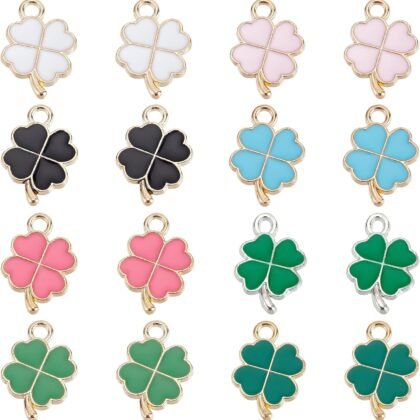 SUNNYCLUE 1 Box 64Pcs 8 Colors St Patrick Day Charms Four Leaf Clover Charm Enamel Shamrock Irish Charms Saint Patricks Green Leaves Charms for Jewelry Making Charm Earrings Bracelets DIY Supplies