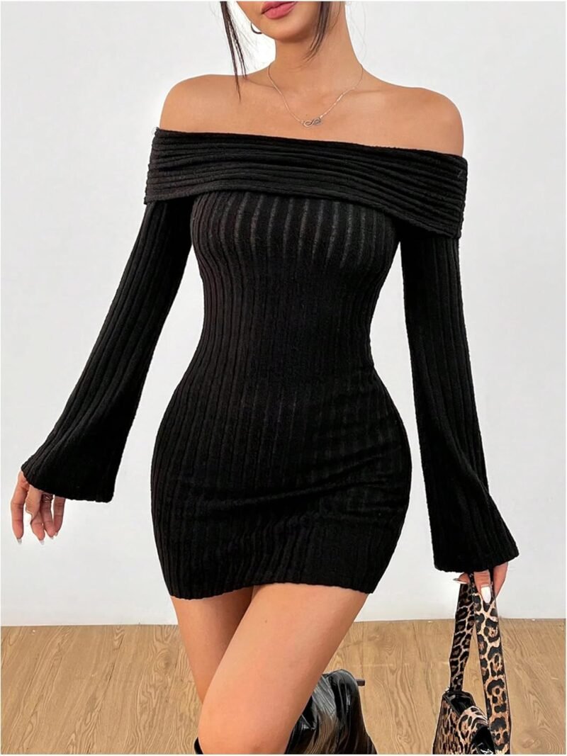 MakeMeChic Women's Off The Shoulder Bell Sleeve Sweater Dress Rib Knit Ruched Bodycon Mini Dresses - Image 4