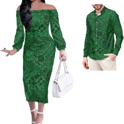 Tribal Polynesian American Samoa Print Off Shoulder Dress Match Men Shirts Party Club Couple Set 2Pcs Outfits