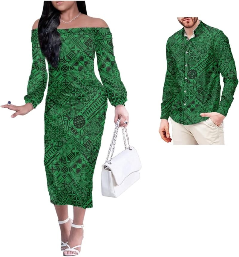 Tribal Polynesian American Samoa Print Off Shoulder Dress Match Men Shirts Party Club Couple Set 2Pcs Outfits