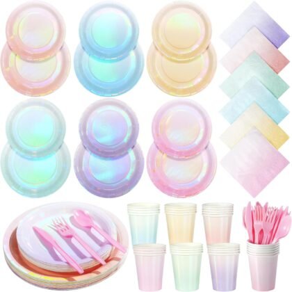 Iridescent Pastel Plates and Napkins Serve 50, Pastel Rainbow Holographic Party Plates Supplies, Disposable Paper Plates Napkins Cups Knives Forks for Birthday Wedding Baby Shower Party Decorations