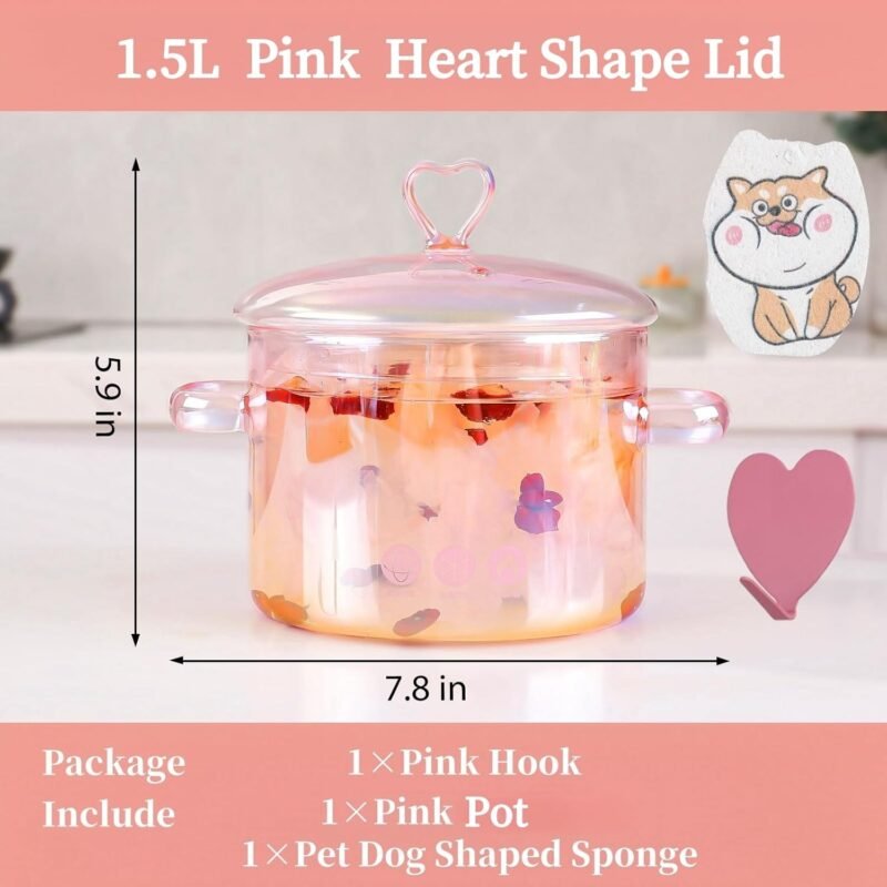 1.5L Pink Glass Potpourri Pot, 1500ml (51oz), Glass Cooking Pot, Heart-shaped Lid, Easy to Clean, Heat Resistant, Safe for Oven, Gas, Electric Stoves, and Dishwashers. for Potpourri, Pasta, and Soups. - Image 3