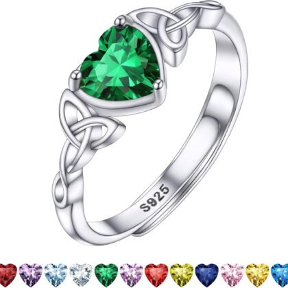 Bestyle Sterling Silver Celtic/Claddagh Birthstone Ring for Women, Hypoallergenic Celtic Silver Ring for Women, Adjustable Open Silver Thumb Ring, Love Promise Ring for Her, Great Birthday Gift