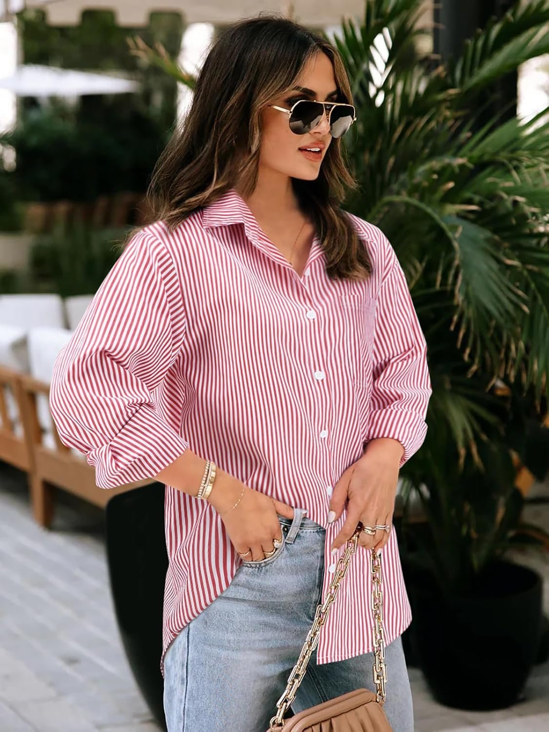 Women's Striped Long Sleeve Button Down Shirts V Neck Casual Tops Classic Office Work Blouses with Pocket - Image 3
