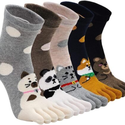 ZAKASA Womens Toe Socks Funny Cat Dog Print Cotton Five Finger Socks Novelty Athletic Running Crew Ankle Socks Size 6-9