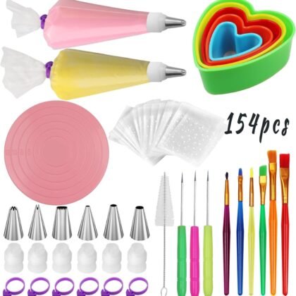 Cookie Decorating Supplies Kit 154Pcs, Sugar Cookies Turntable Set With 6 Piping Tips and 20pcs Piping Bags, Scribe Needle, Brush, Ideal Beginner Decorator Lover Kids Gift Holiday Easter Valentine