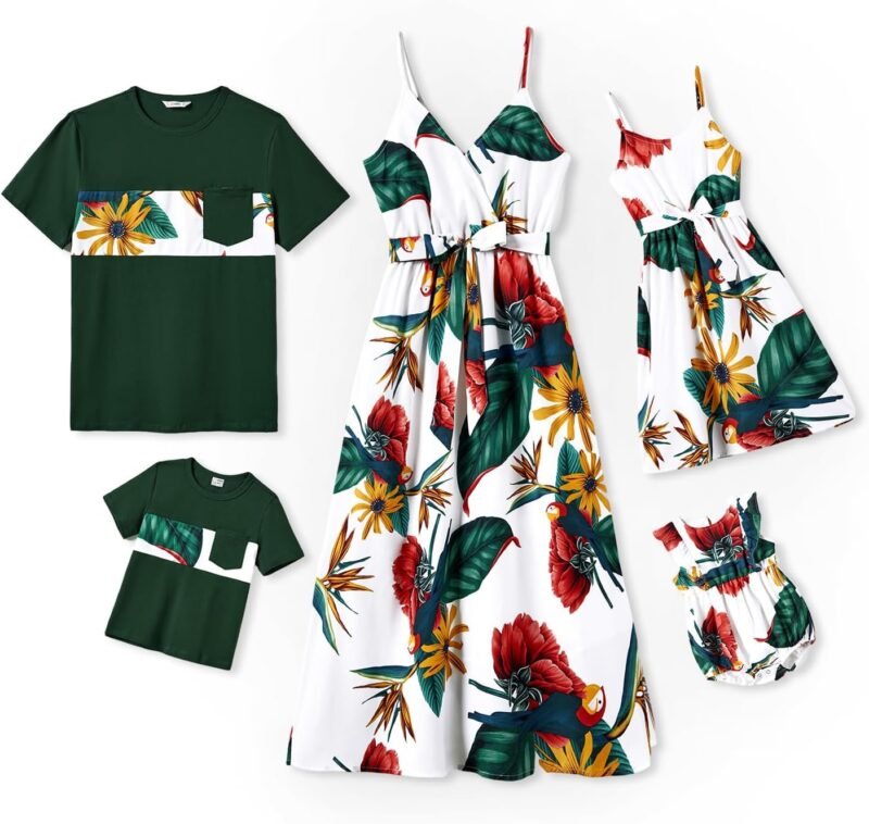 PATPAT Family Matching Outfits Mommy and Me Dresses Hawaiian Tropical Vacation Beach Spaghetti Strap Dress and Shirt