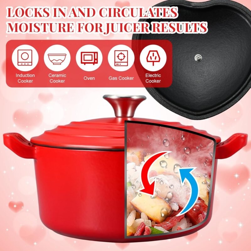 Hushee 2 Pcs Heart Cast Iron Dutch Oven for Bread Baking, 2 Quart Red Heart Shaped Enameled Dutch Oven Pot with Lid and Trivet, Dual Handles Cast Dutch Oven for Marinate Cook Refrigerate - Image 5