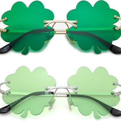 Hycredi St. Patrick’s Day Irish Shamrock Sunglasses Green Four Leaf Clover Leprechaun Costume Glasses