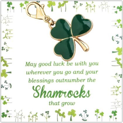 Gzrlyf Green Shamrock Charm with Lobster Clasp 3 Leaf Clover Charm with Irish Blessing Card St Patrick’s Day Gift Lucky Charm