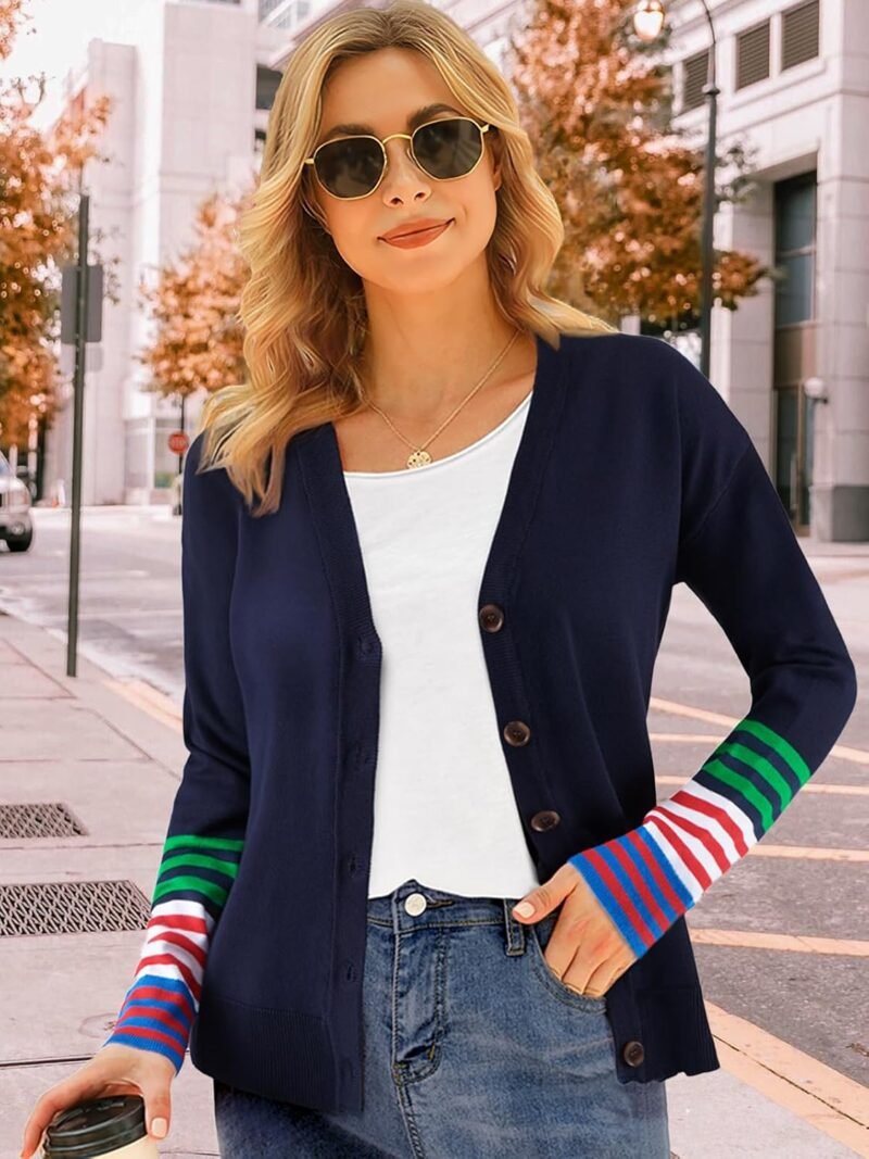 FAIRY SEASON Women's V Neck Button Down Cardigan Sweaters Long Sleeve Color Block Striped Open Front Casual Knit Soft Outwear - Image 4