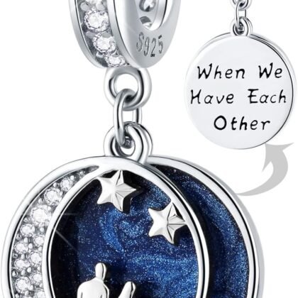 Couple Lover Under Night Sky Crescent Moon Stars Charms, fits Pandora Valentines Day Bracelet, Sterling Silver Blue Enamel Pendant Beads, Gifts for Wife/Couple