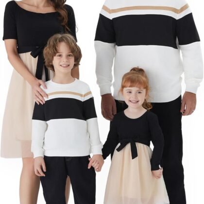 PATPAT Family Matching Outfits Dresses and Sweatshirt Fall Winter Off Shoulder Dresses and Long Sleeve Sweatshirt