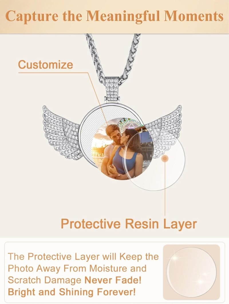 Custom4U Picture Necklace Personalized Photo for Men Women Steel/18K Gold Plated/Black Custom Angel Wings/Heart Pendant Necklace with Picture Memory Iced Out Chain 18-30 Inch,Hip Hop Jewelry+Gift Box - Image 4