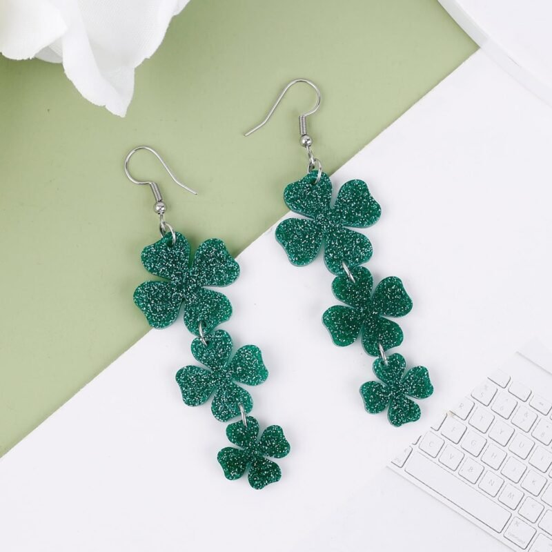 Glitter Shamrock Dangle Earring, Irish Style St Patricks Day Earrings Lucky Acrylic Green Clover Earrings St Patricks Day Accessories for Women Girls - Image 3