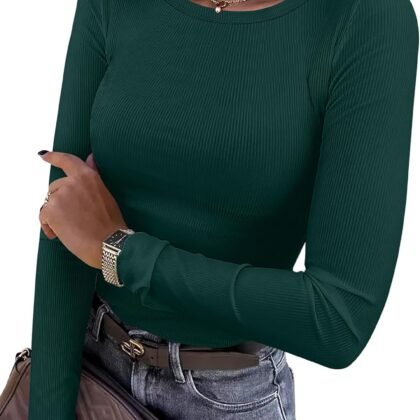 ANRABESS Women Long Sleeve Crewneck Rib Knit Slim Fit Shirts Basic Tee Tops 2025 Casual T-Shirt Going Out Workout Outfits