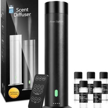 Hotel Diffuser Starter Kit, Waterless Essential Oil Diffuser - 1000 Sq Ft Coverage, Waterless Diffusers for Home Included 5 Scent Oils, App Control, Black, 11In