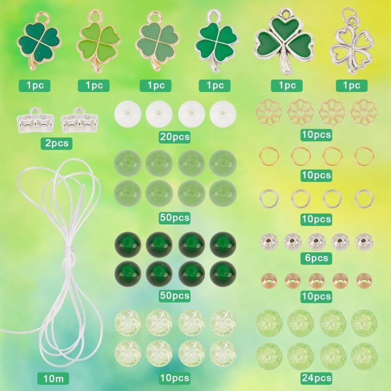 SUNNYCLUE 1 Box DIY 6Pcs St Patrick Charms Beading Bracelets Making Kit Four Leaf Clover Charm Irish Shamrock Charm Lucky Green Beads St Patricks Day Charms for Jewelry Making Kits Adult Women Craft - Image 2